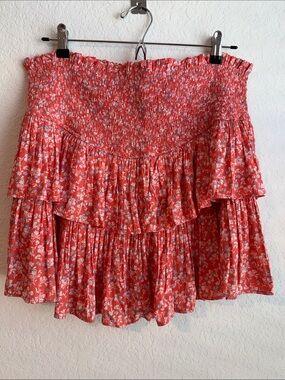 Versona Coral Pink Floral Tiered Smocked Mini Skirt